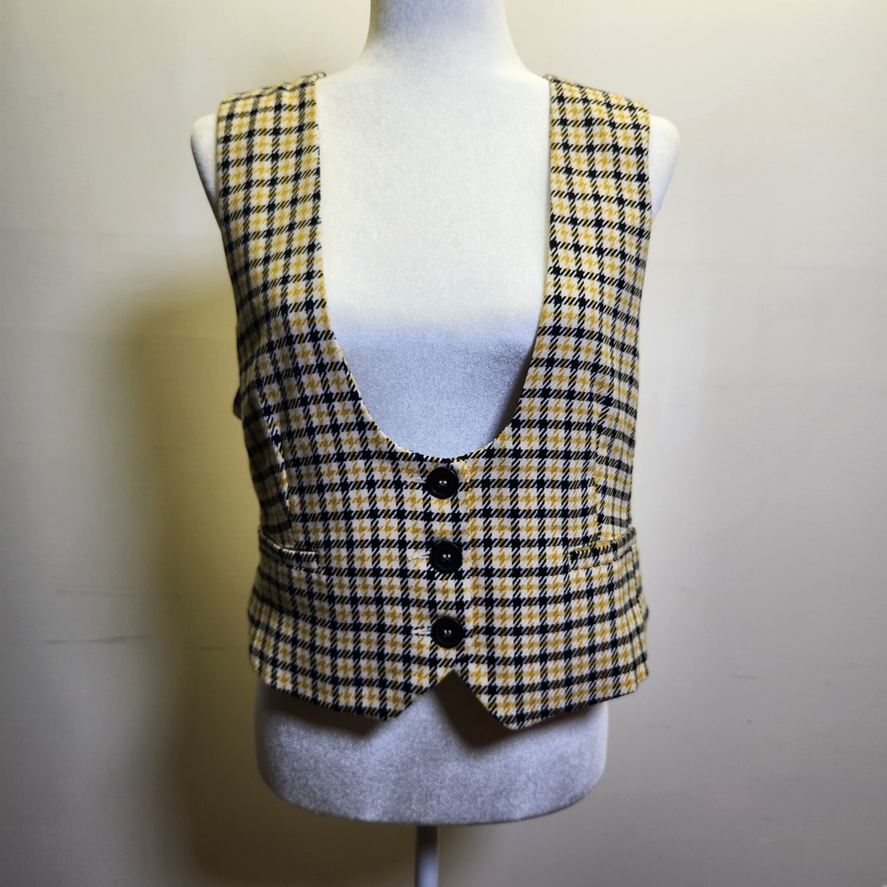 Suit Yourself Women's Vest Front Button Lrg Yellow Black Houndstooth Plaid
